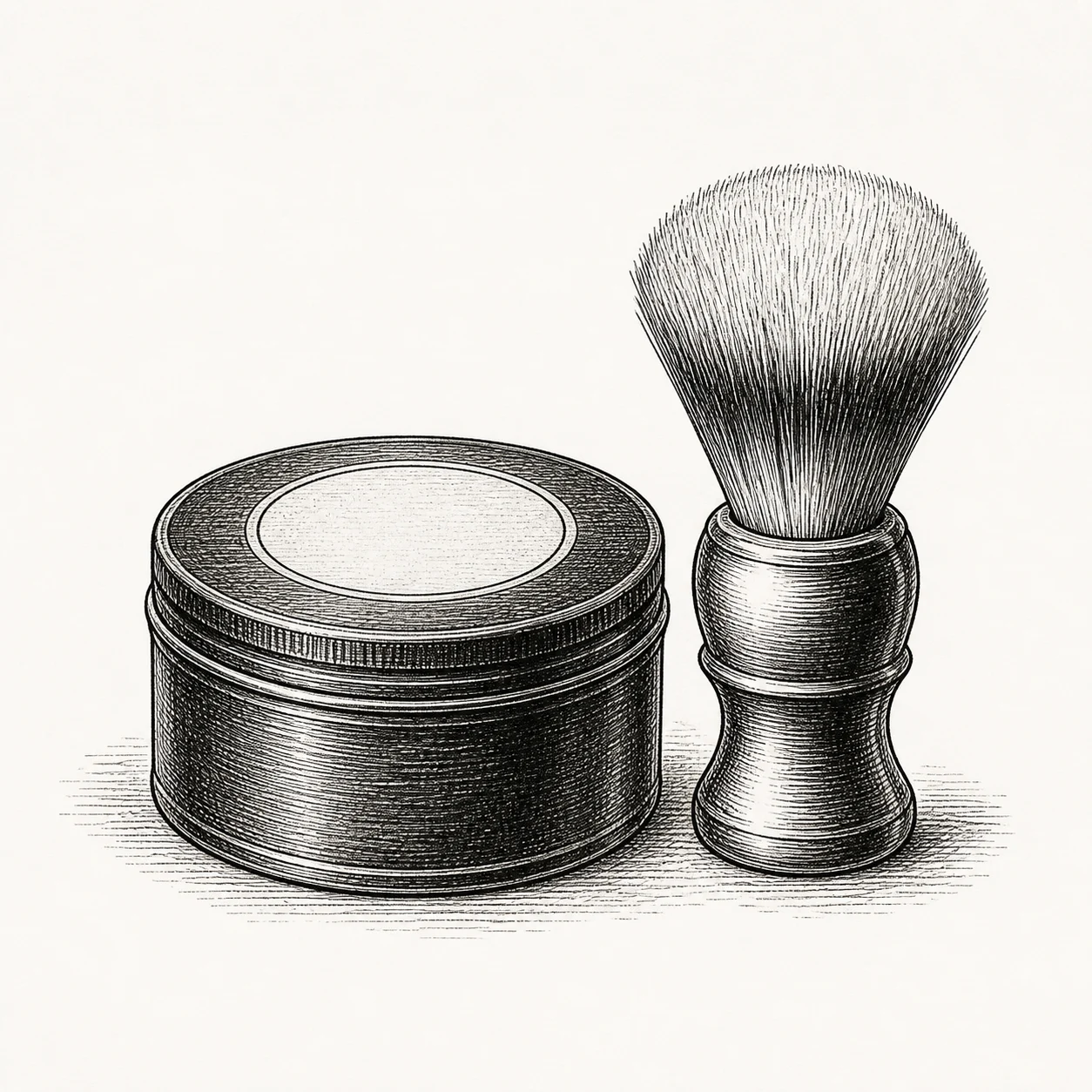 Original pen-and-ink demo illustration of a grooming tin and shaving brush