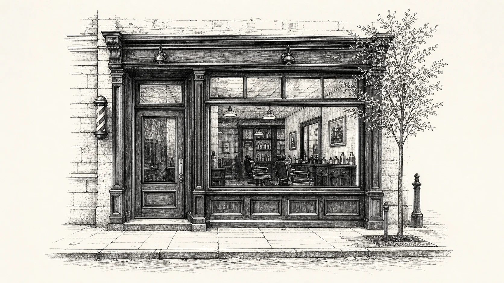 Original pen-and-ink demo illustration of a Montreal neighbourhood barbershop storefront